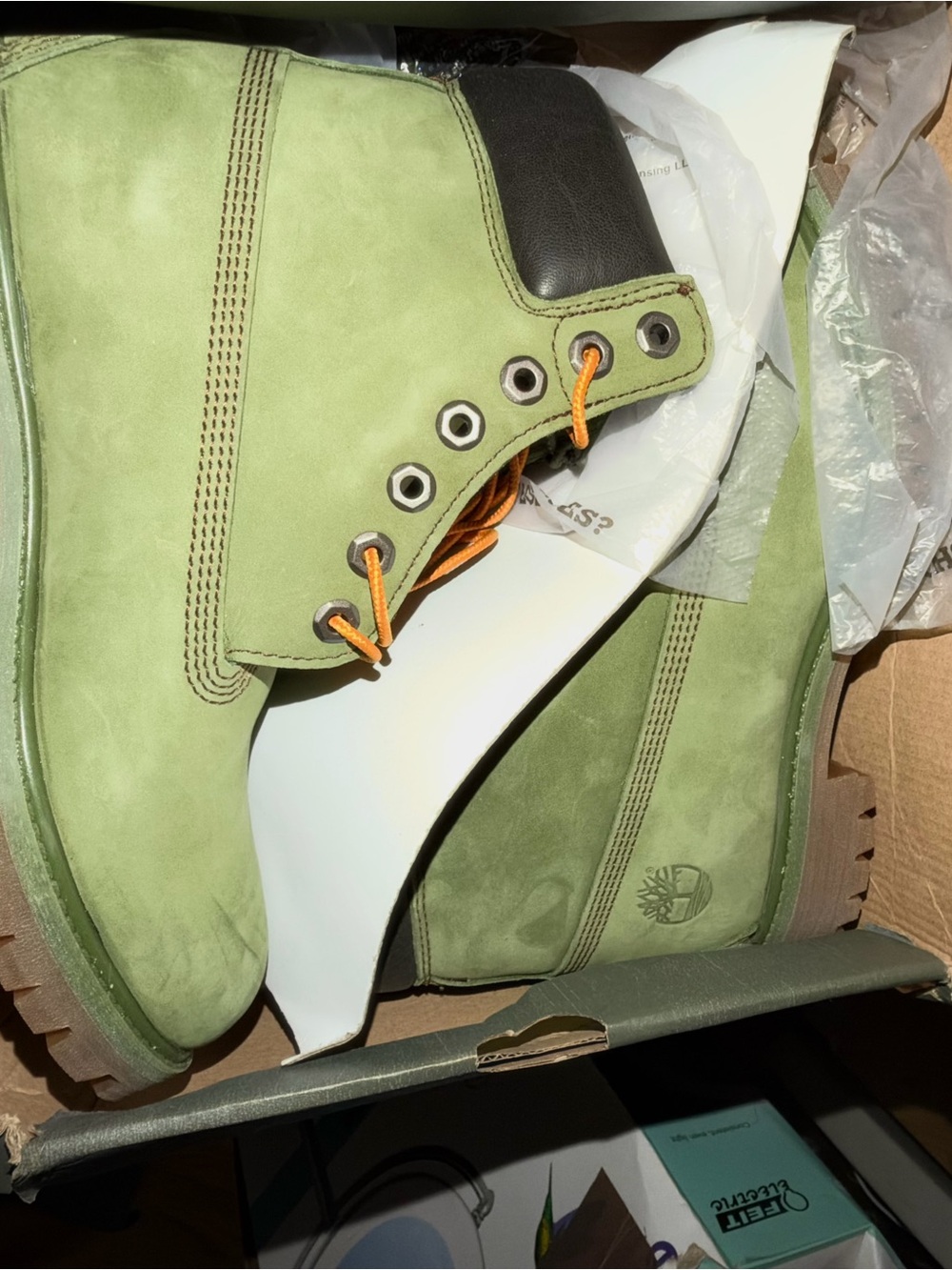 Timberland Olive Green Nubuck Boots with Orange Laces
